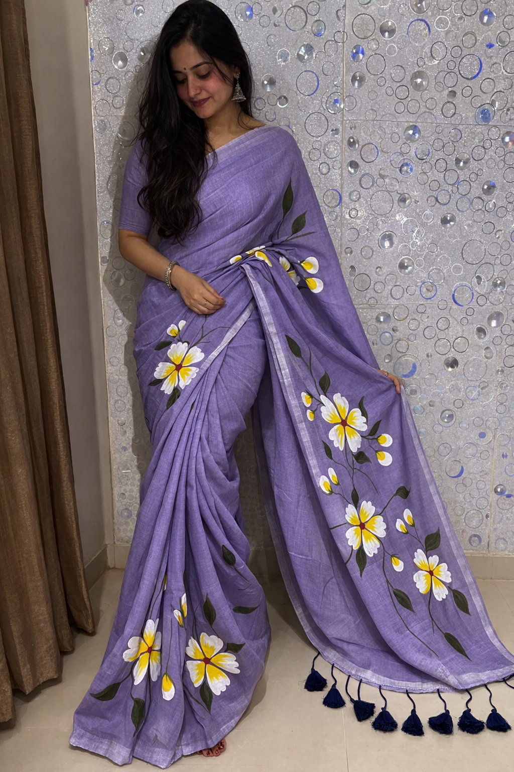 lavender bloom premium mull cotton handprint saree