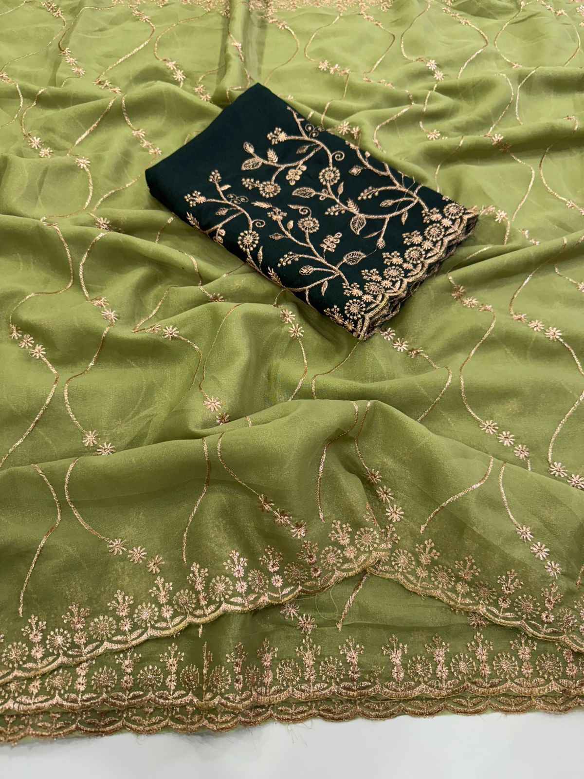 olive royale georgette embroidered saree - yooneck
