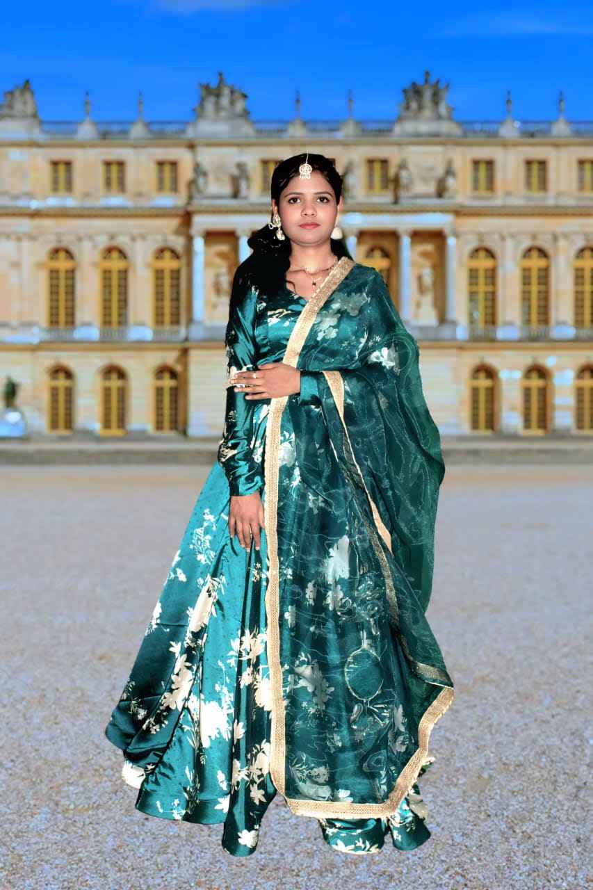 emerald bloom satin lehenga set - yooneck