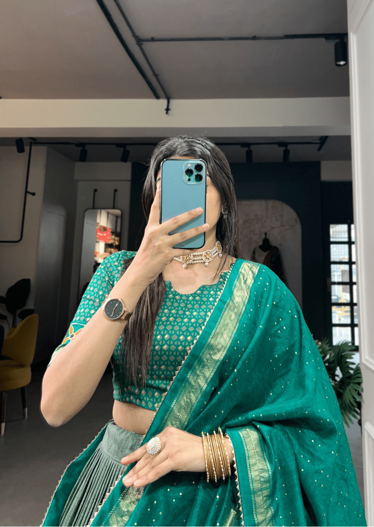 emerald foil floral tasar silk lehenga set - yooneck