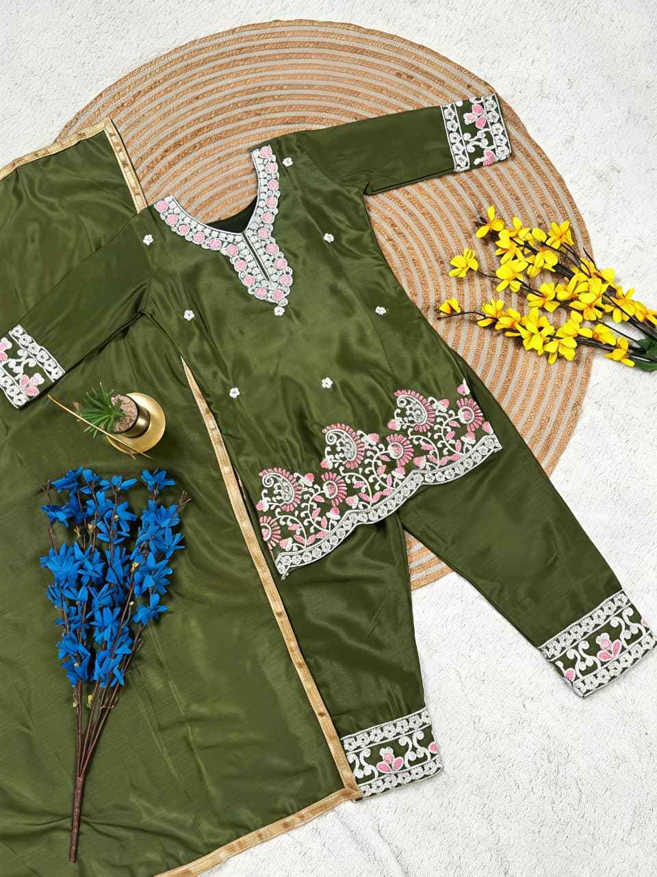 afsha embroidered silk kids suit set with dupatta - yooneck