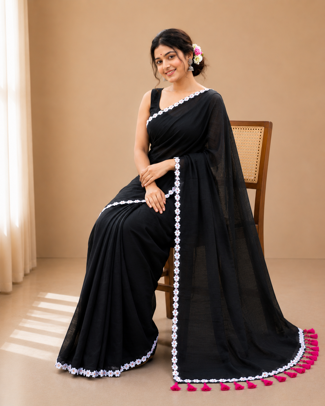 raghini black mul cotton saree with floral lace border