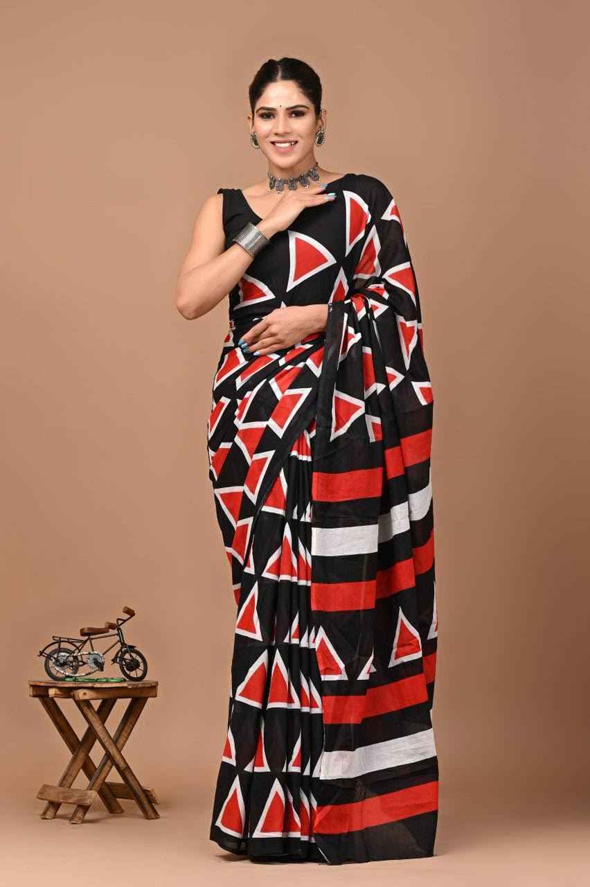 geochic mulmul cotton saree in black & red - yooneck