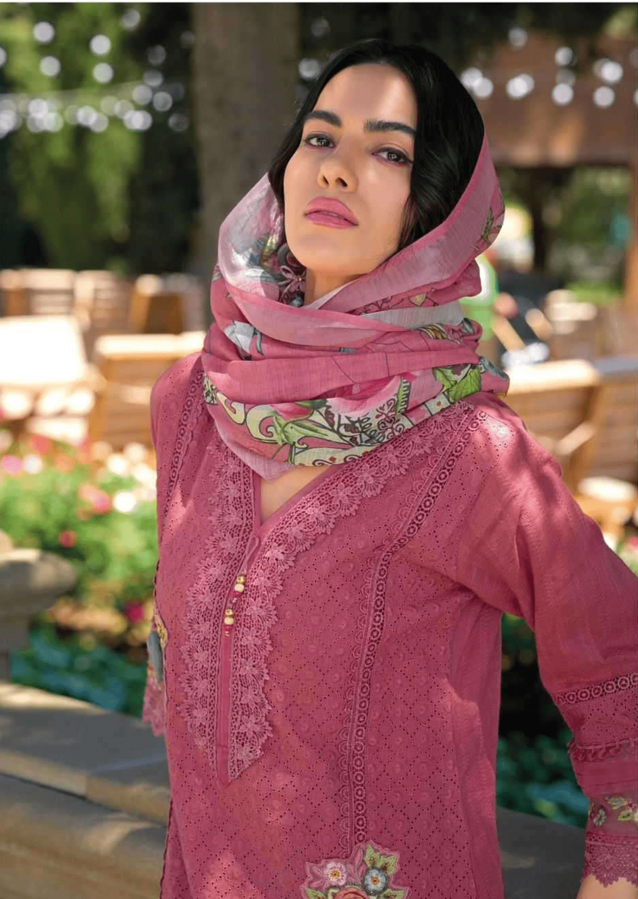 gulbahar rouge pink floral embroidered cotton suit set - yooneck