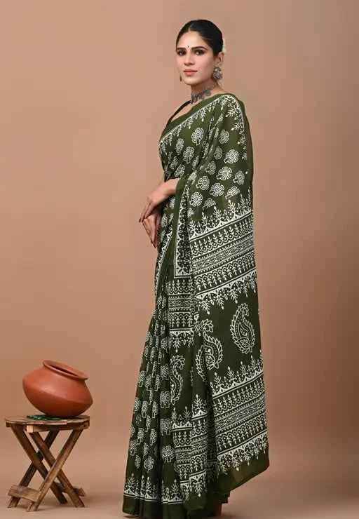 hariyali hues forest soul in mulmul saree - yooneck