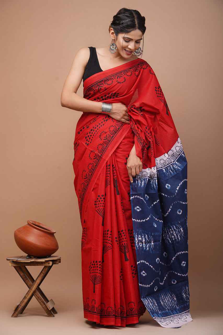 indigo ember red dual harmony mulmul cotton saree - yooneck