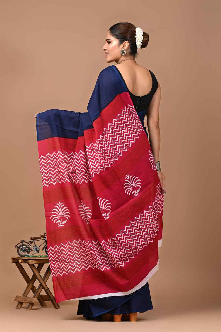 indigo fusion mulmul cotton saree with maroon zigzag pallu - yooneck
