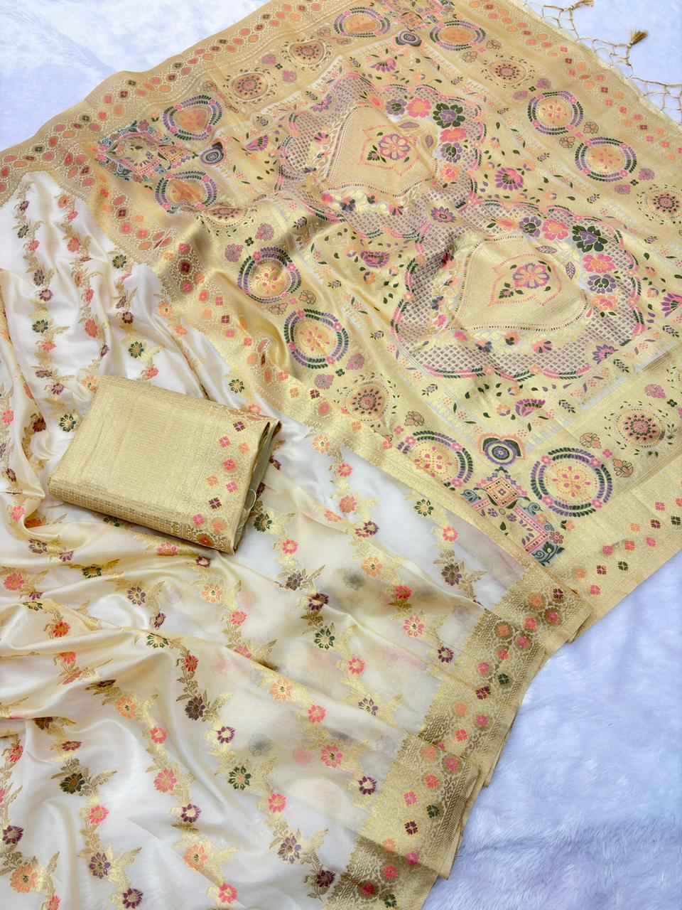 ivory kanchan kora silk zari woven saree - yooneck