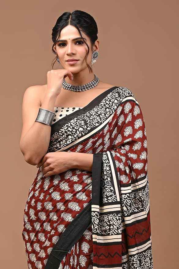 laalmitti earth bloom in mulmul saree - yooneck