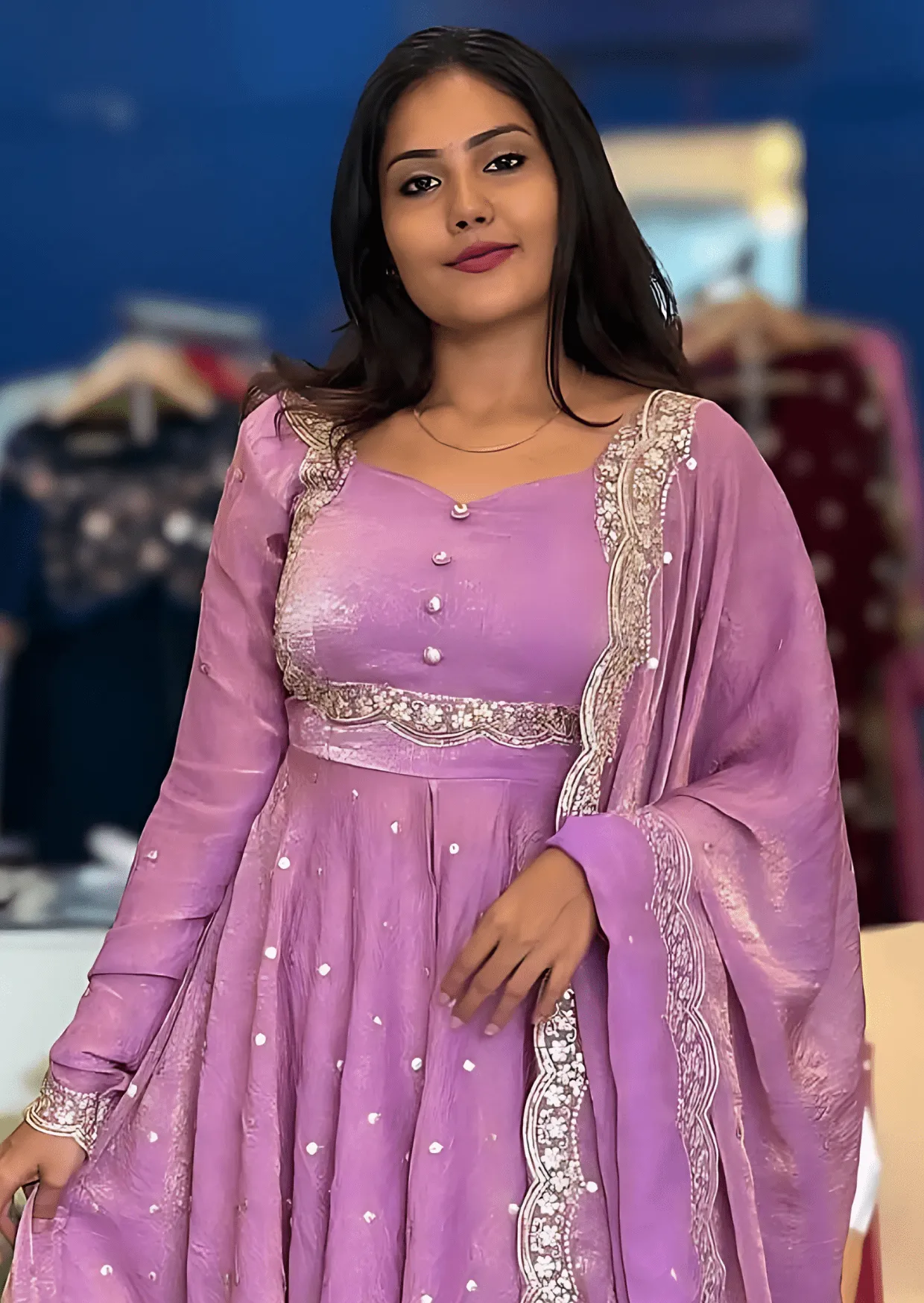 lilac vichitra silk embroidered cape anarkali suit set - yooneck