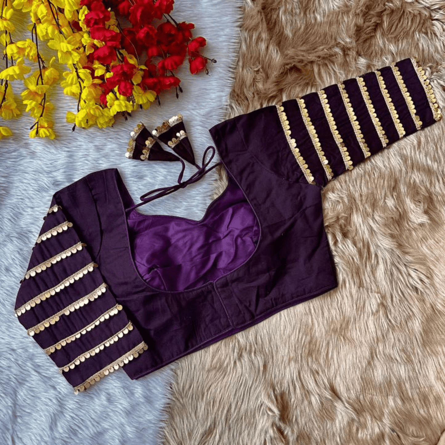 meera plum sequins cotton silk blouse - yooneck