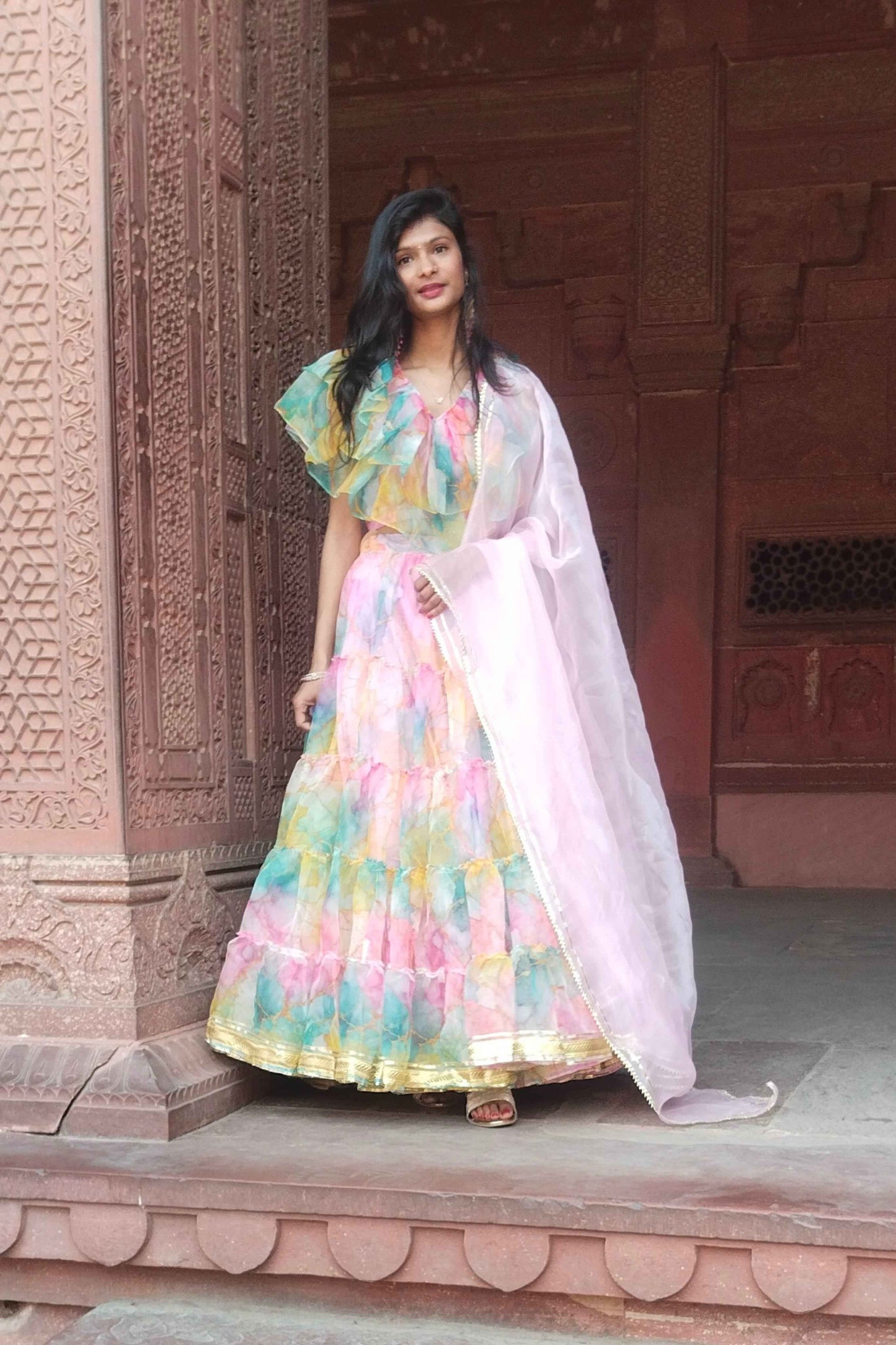mehfilerang printed organza lehenga set - yooneck