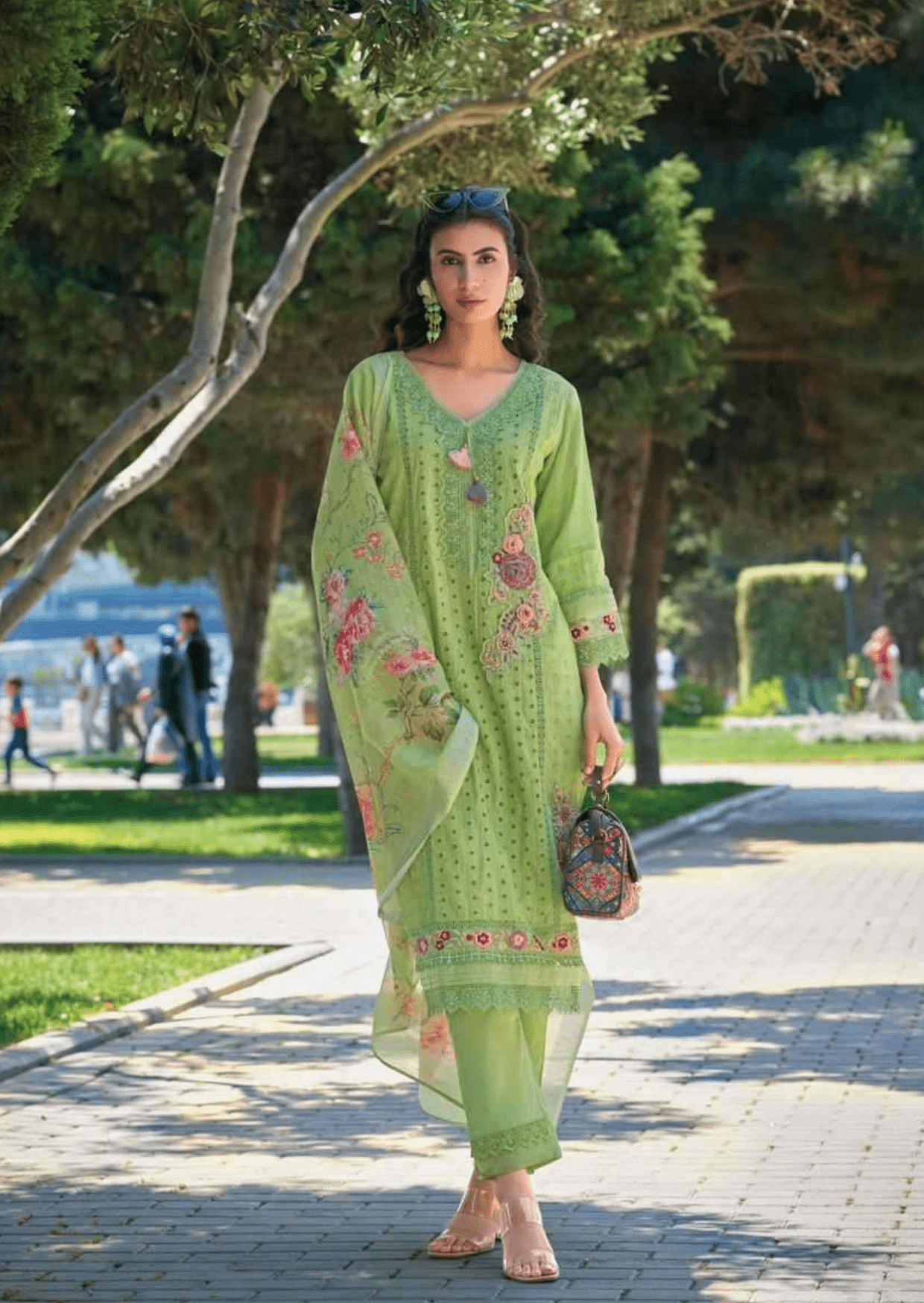 mehmaan - e - bahar lime green floral embroidered suit set - yooneck