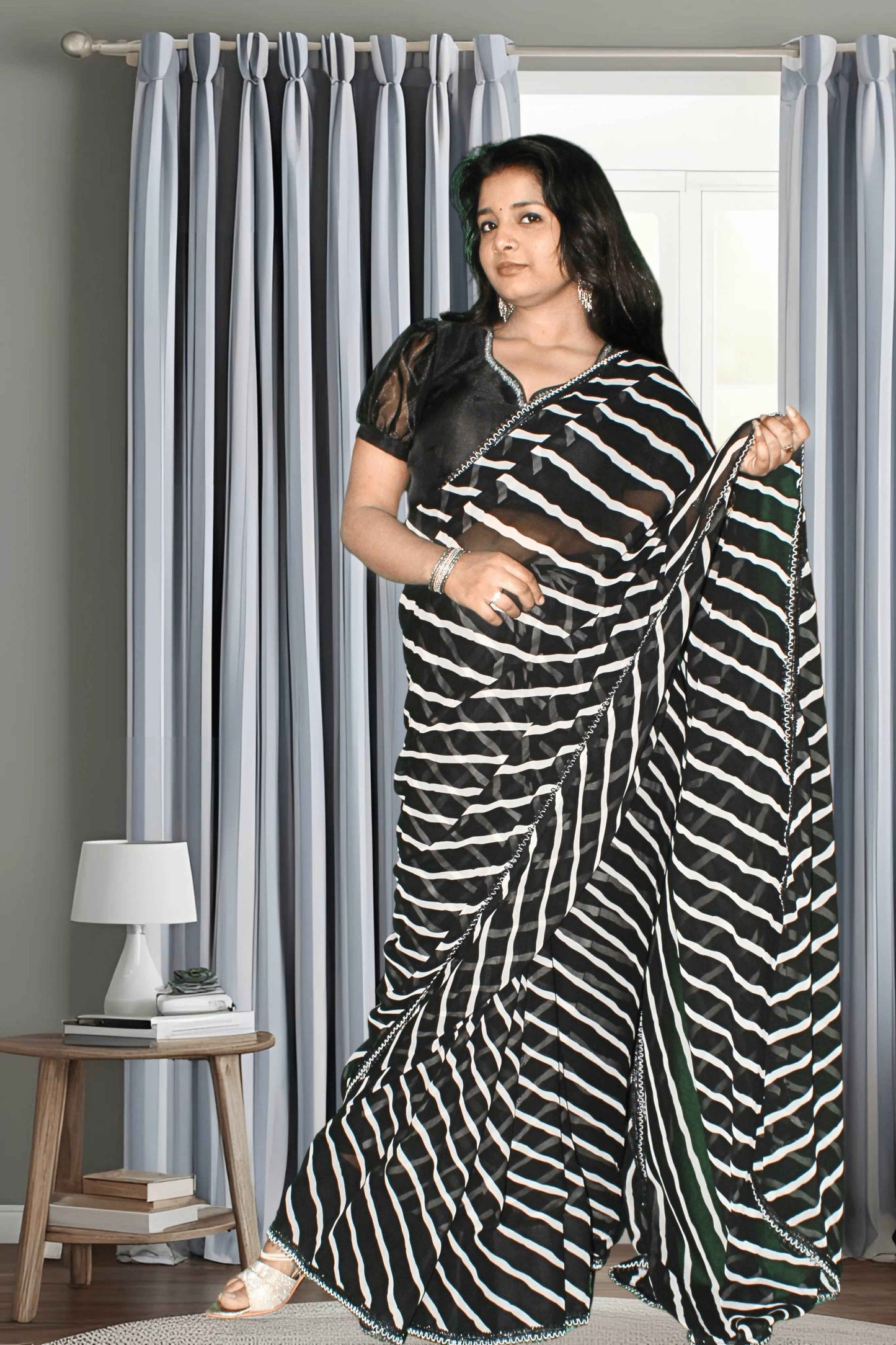 midnight elegance black & white lahariya saree with blouse - yooneck