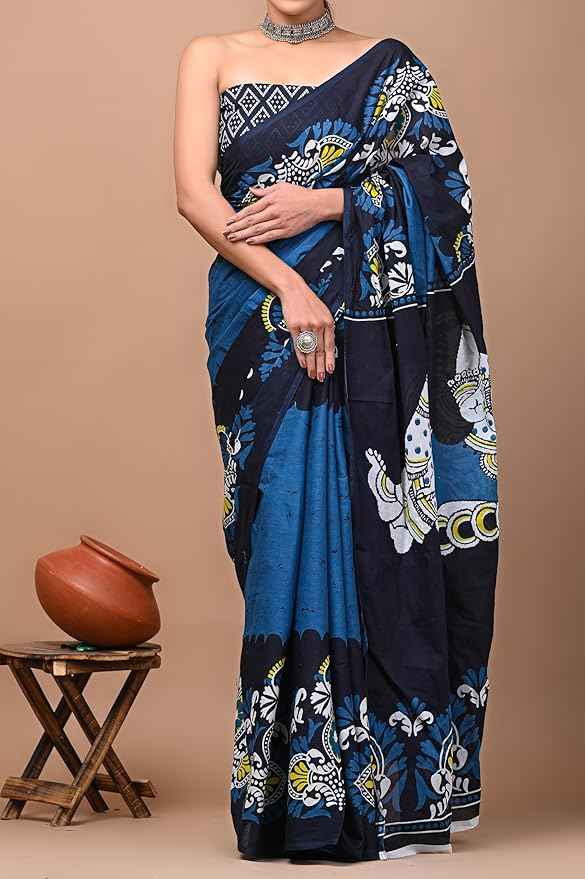 midnight kamal bold indigo mulmul cotton saree - yooneck