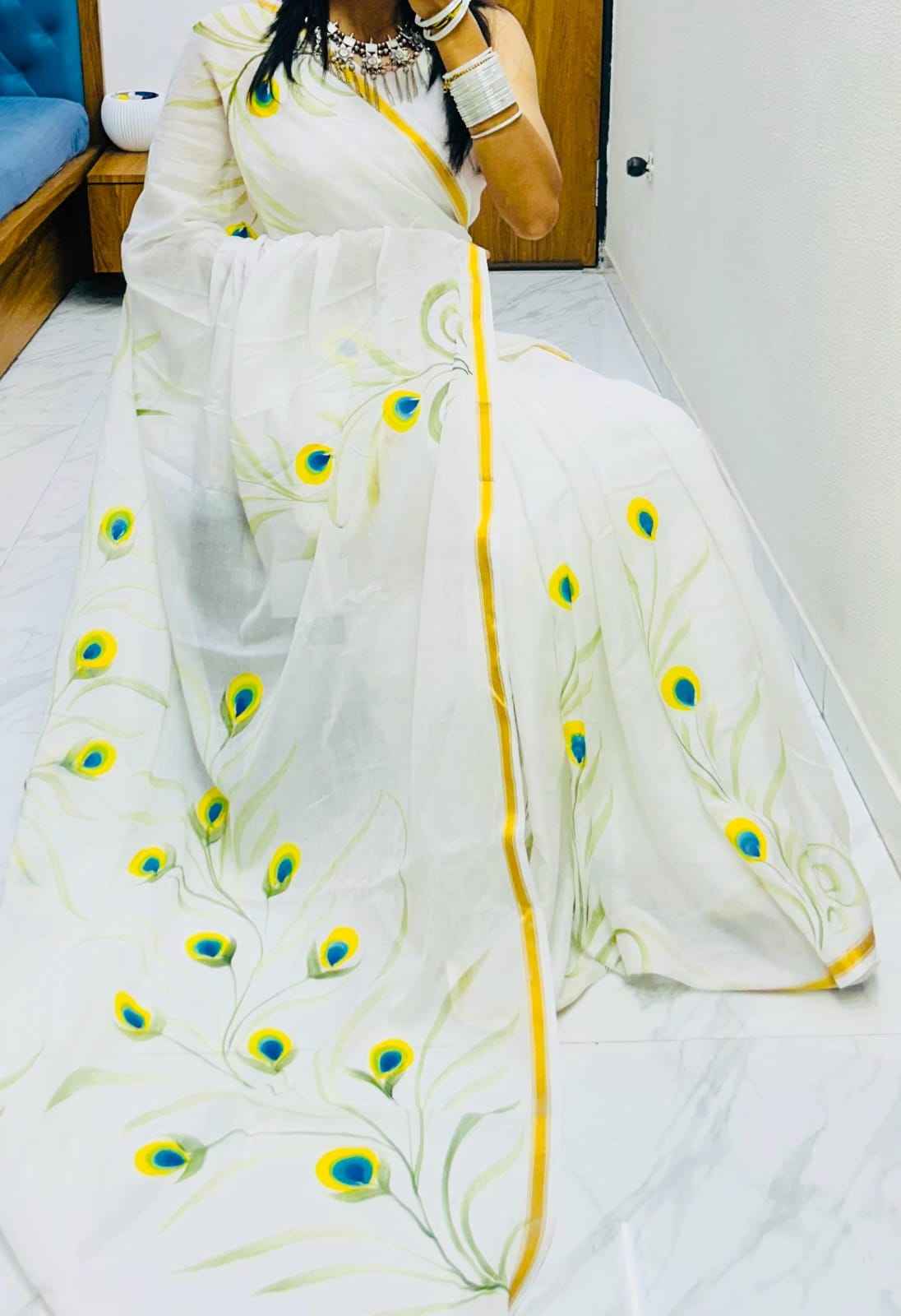 morpakhi handpainted birla cotton saree with golden zari border - yooneck