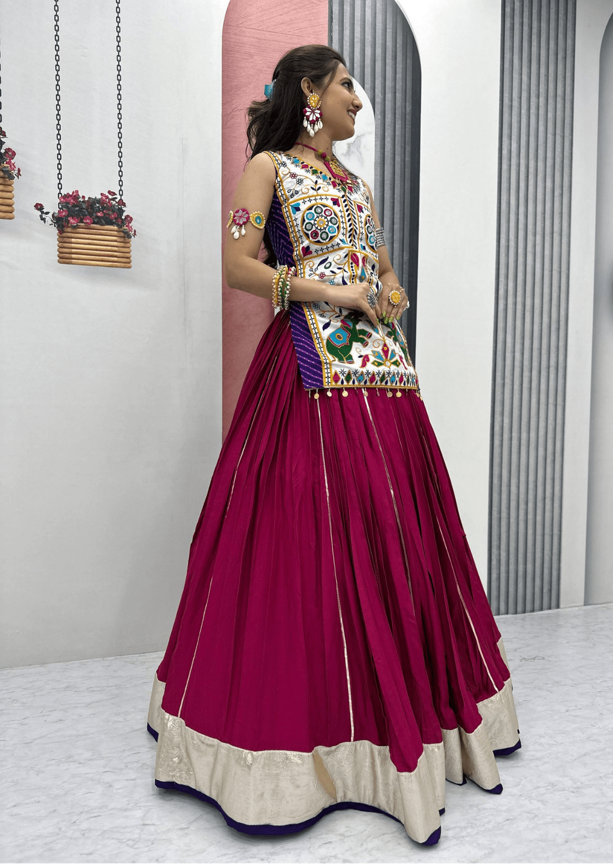 moti gamathi mirror work choli & cotton lumpi border lehenga set - yooneck