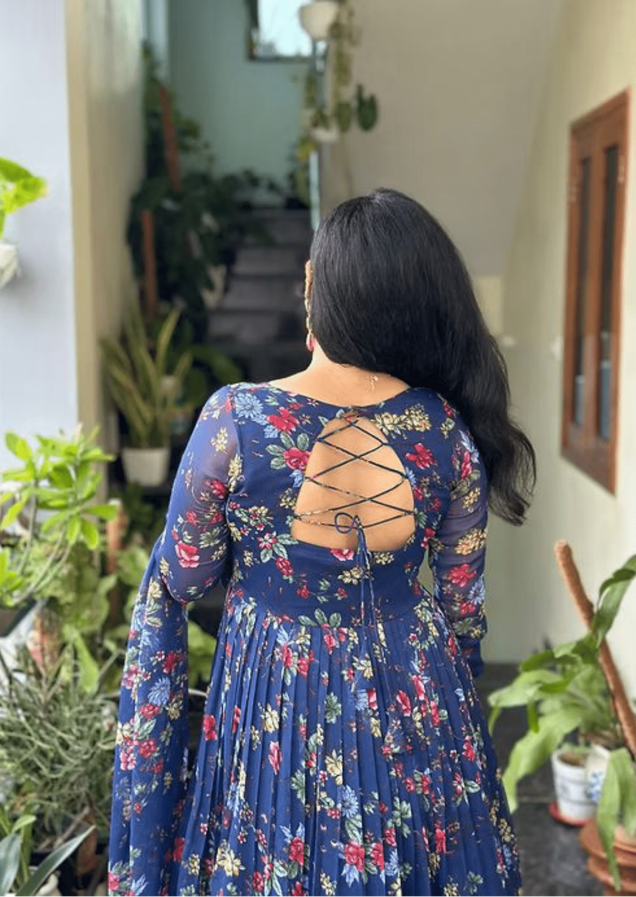 navy blue floral anarkali kurti with dupatta - yooneck