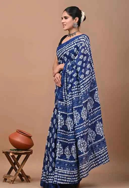 neel tarang indigo flow mulmul cotton saree - yooneck