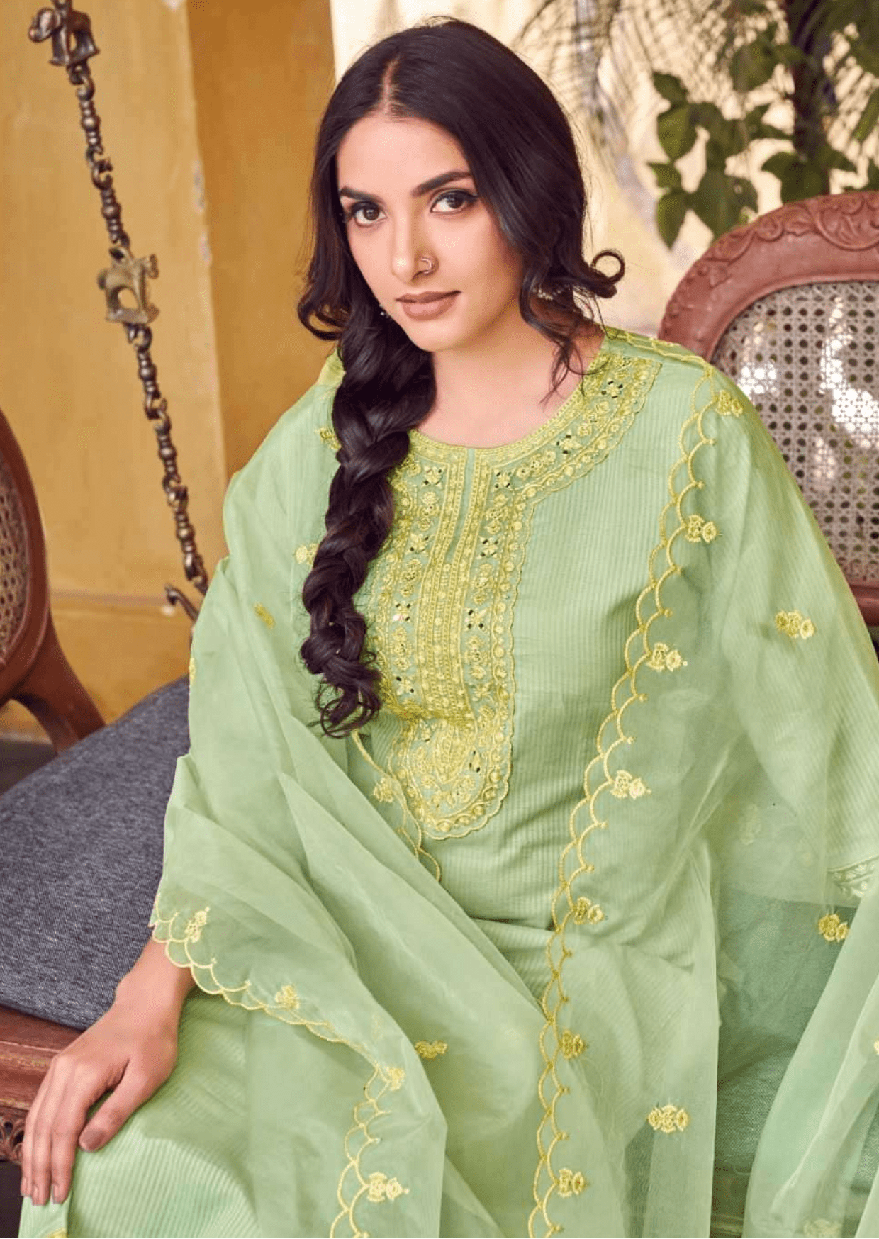 noor - e - bahar celery green embroidered lawn set - yooneck