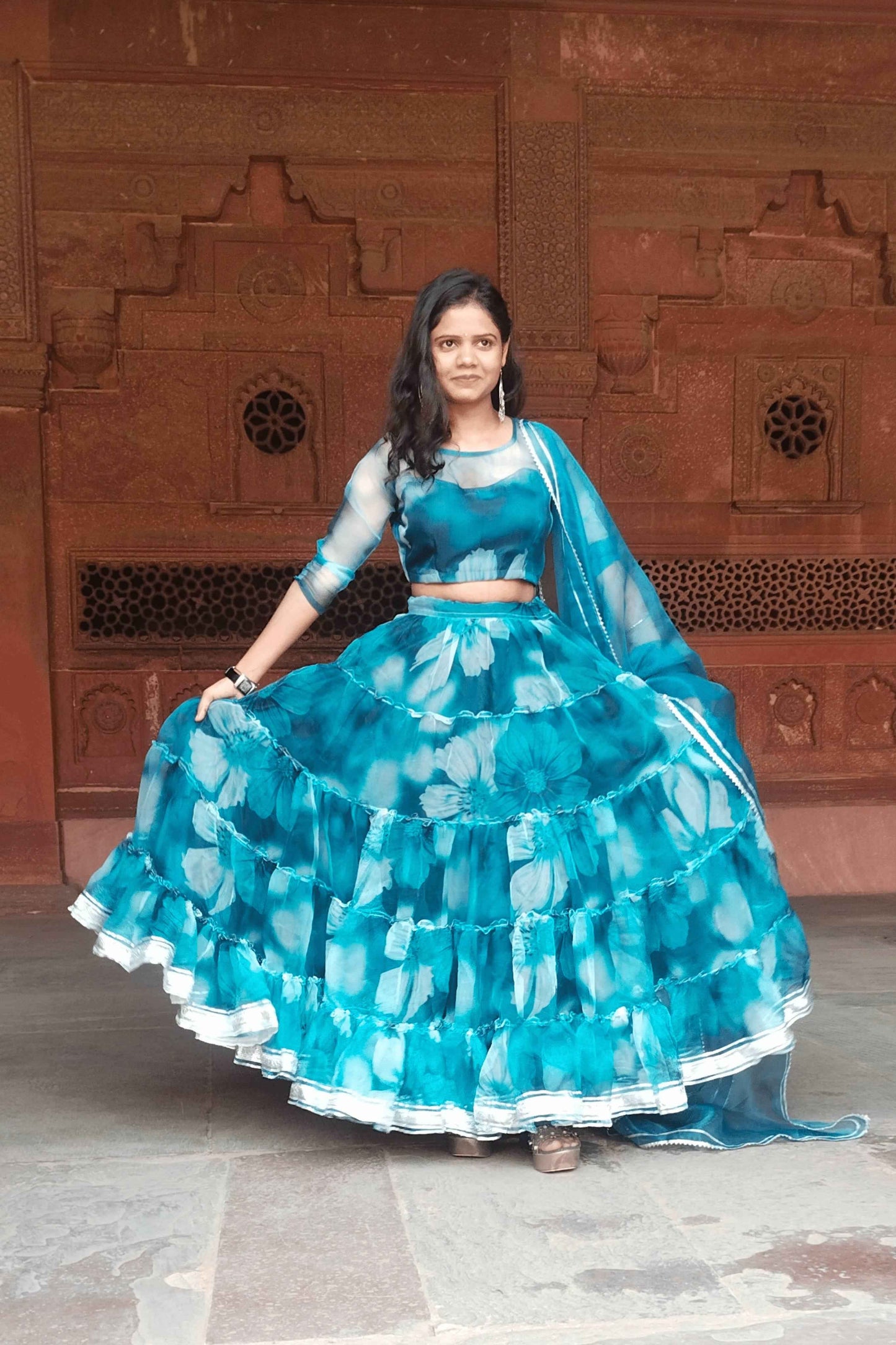 noorani floral print organza lehenga set - yooneck