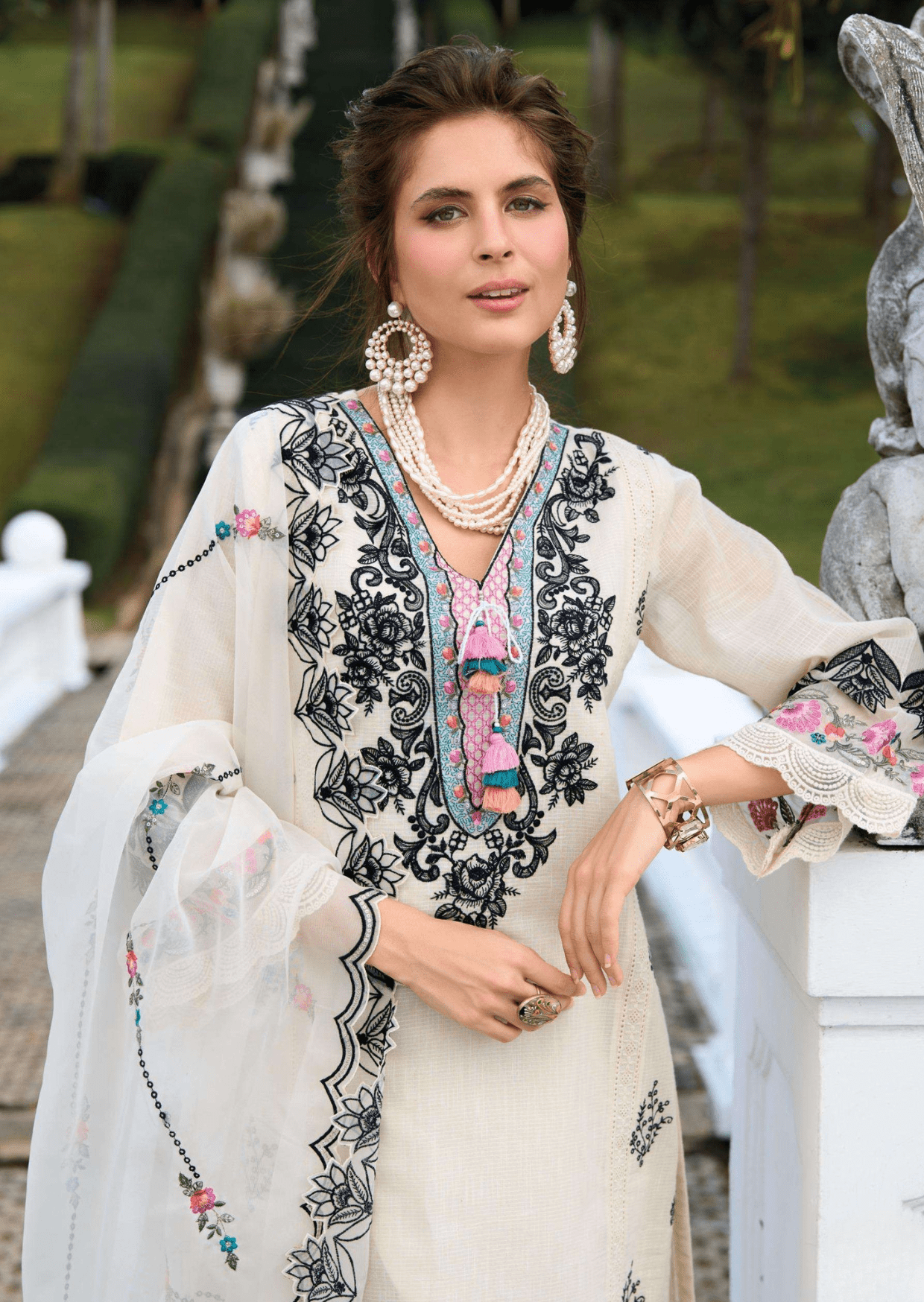 nooré ivory elegant white cotton embroidered suit set - yooneck