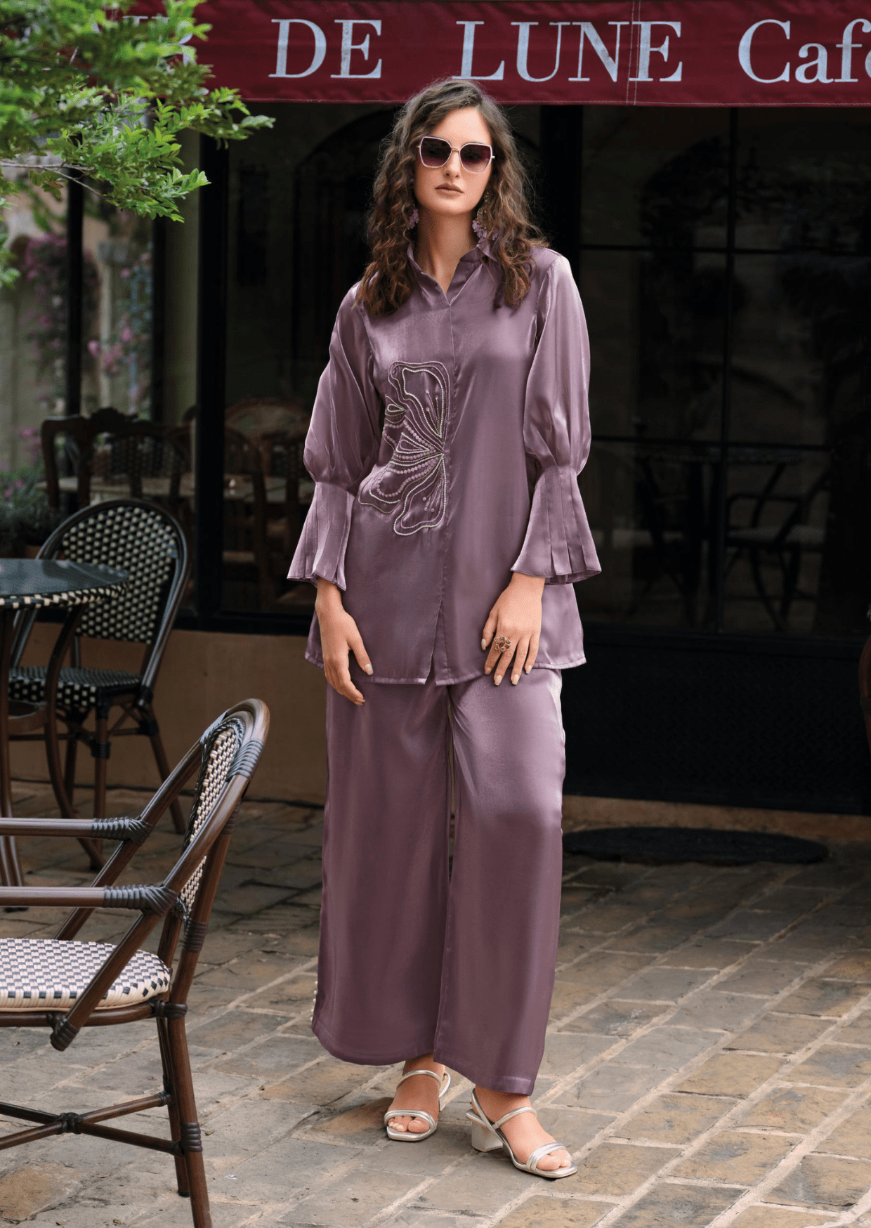 orchid bloom embroidered silk co-ord set - yooneck