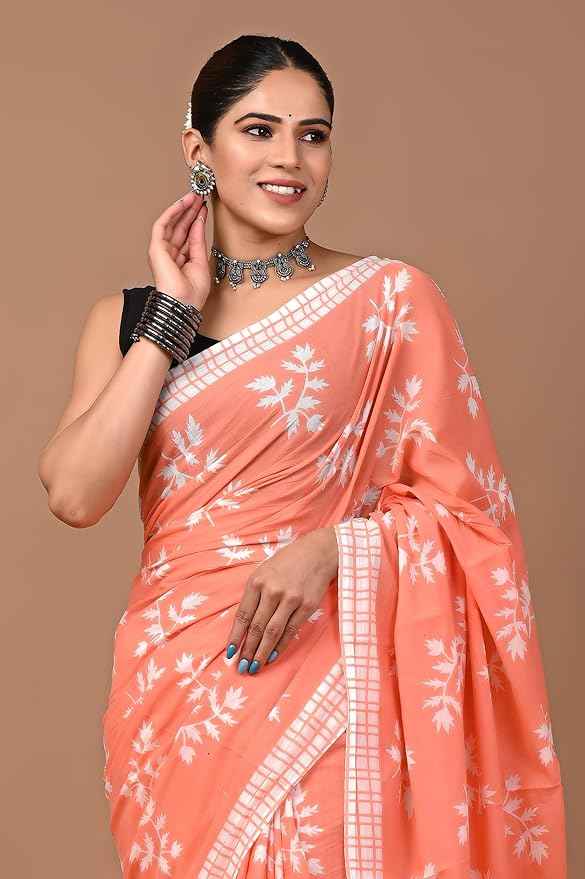 peach pataka summer bloom mulmul cotton saree - yooneck