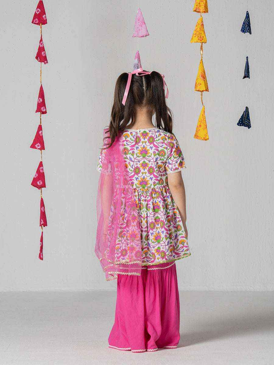 phoolwari pink floral kurta sharara set - yooneck