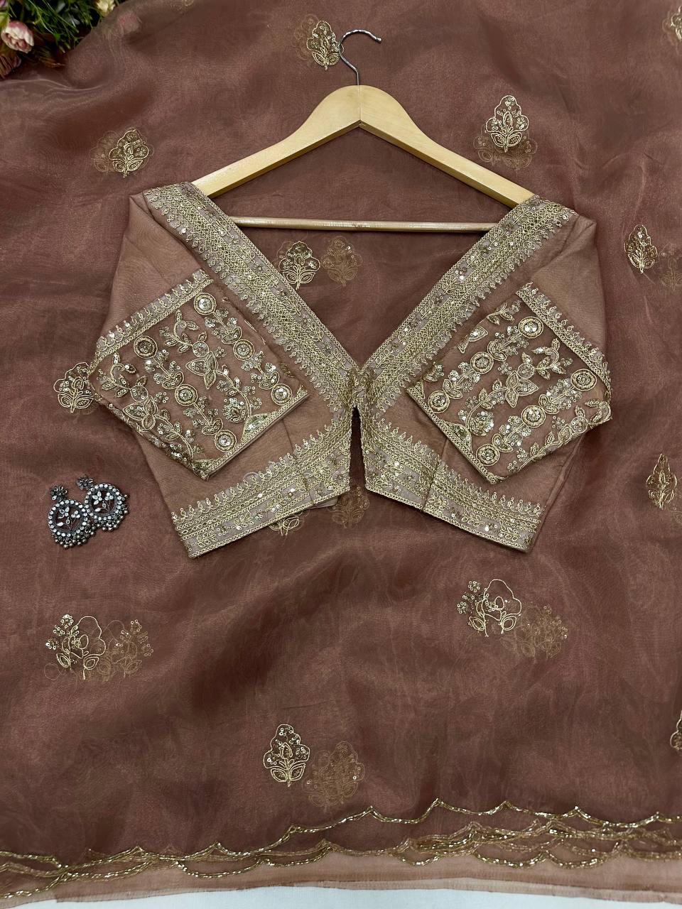 noor-e-zehra brown organza saree