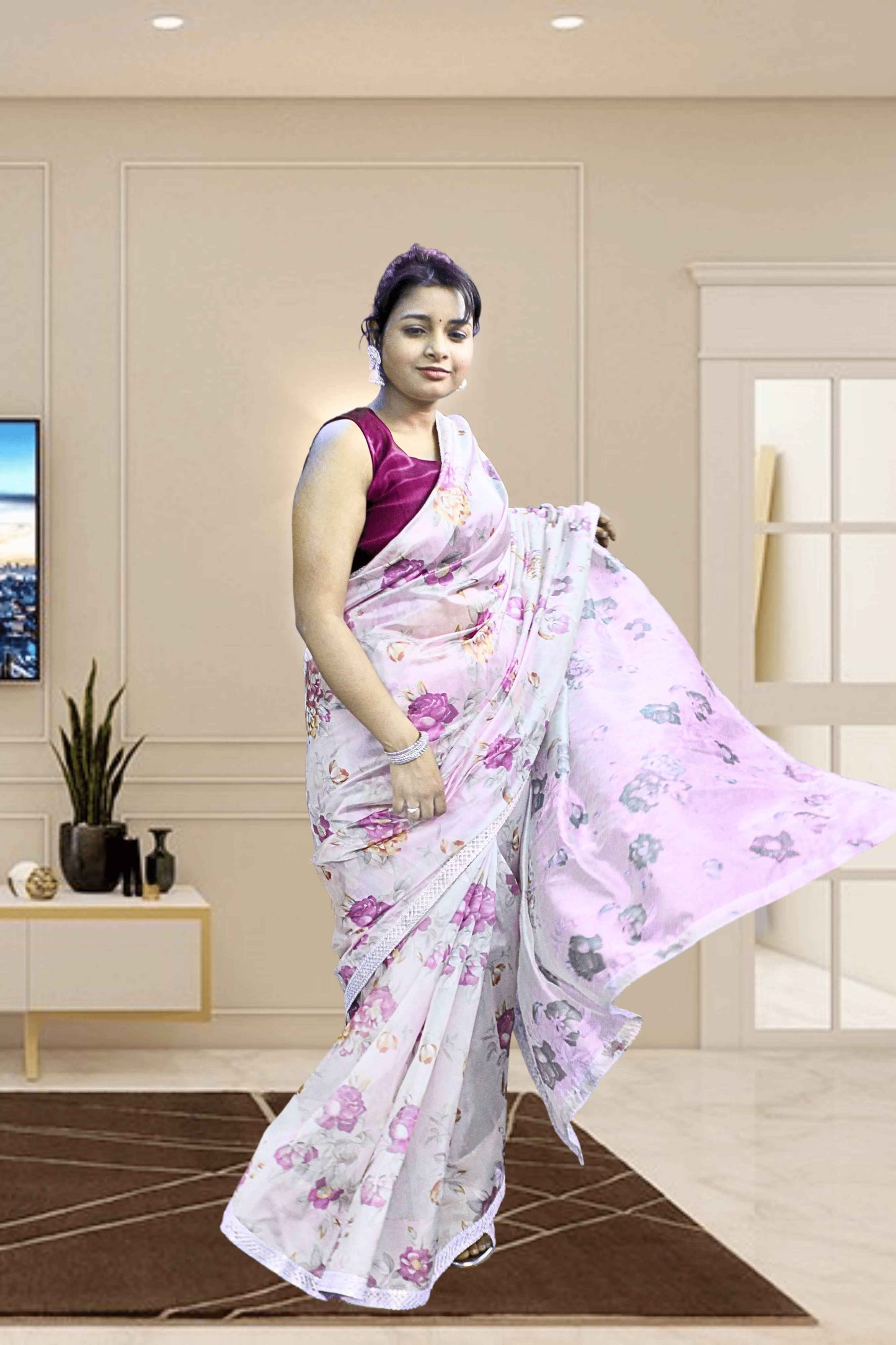 pink moon floral organza saree with blouse - yooneck