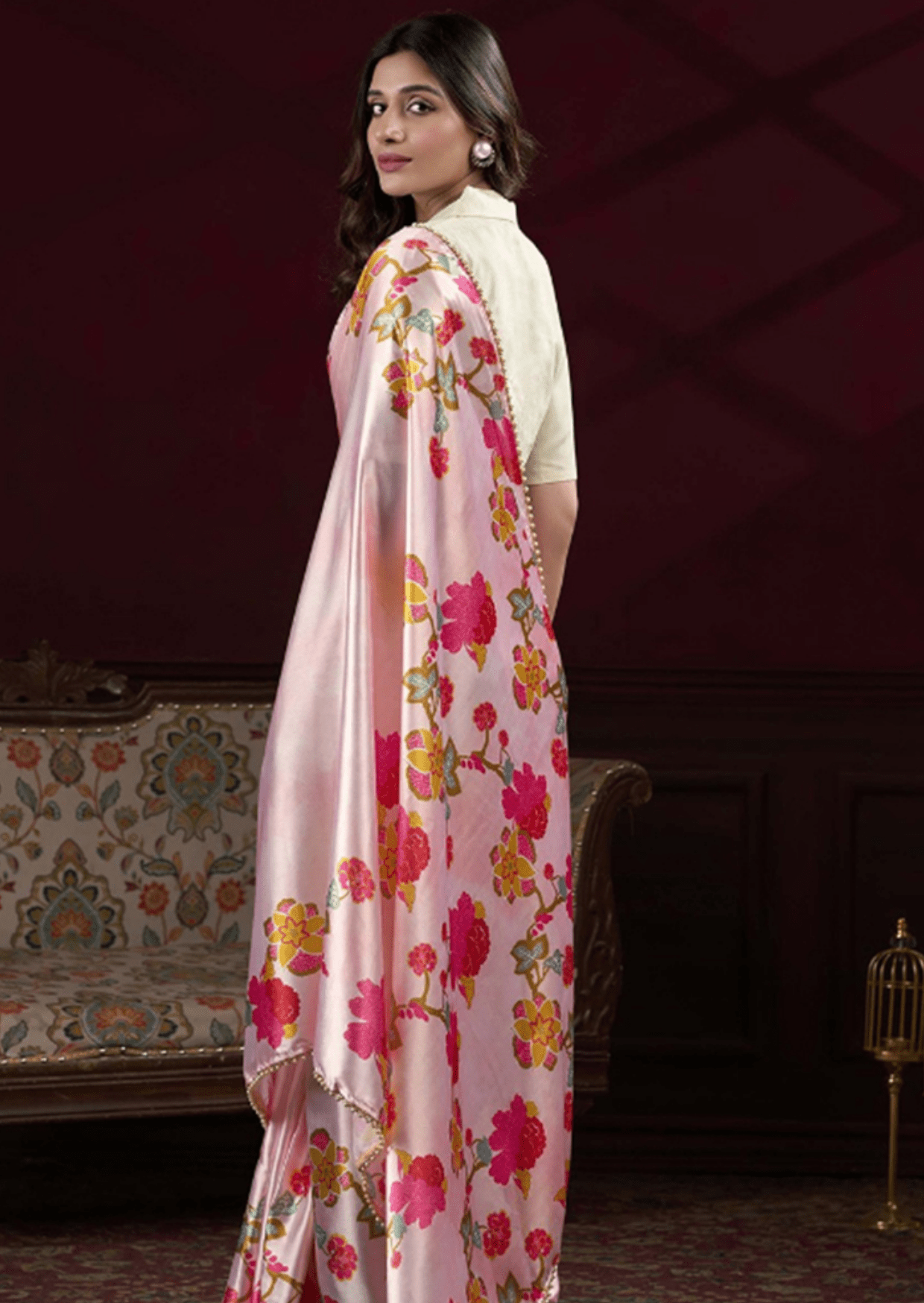 prisha blush bloom satin silk saree - yooneck