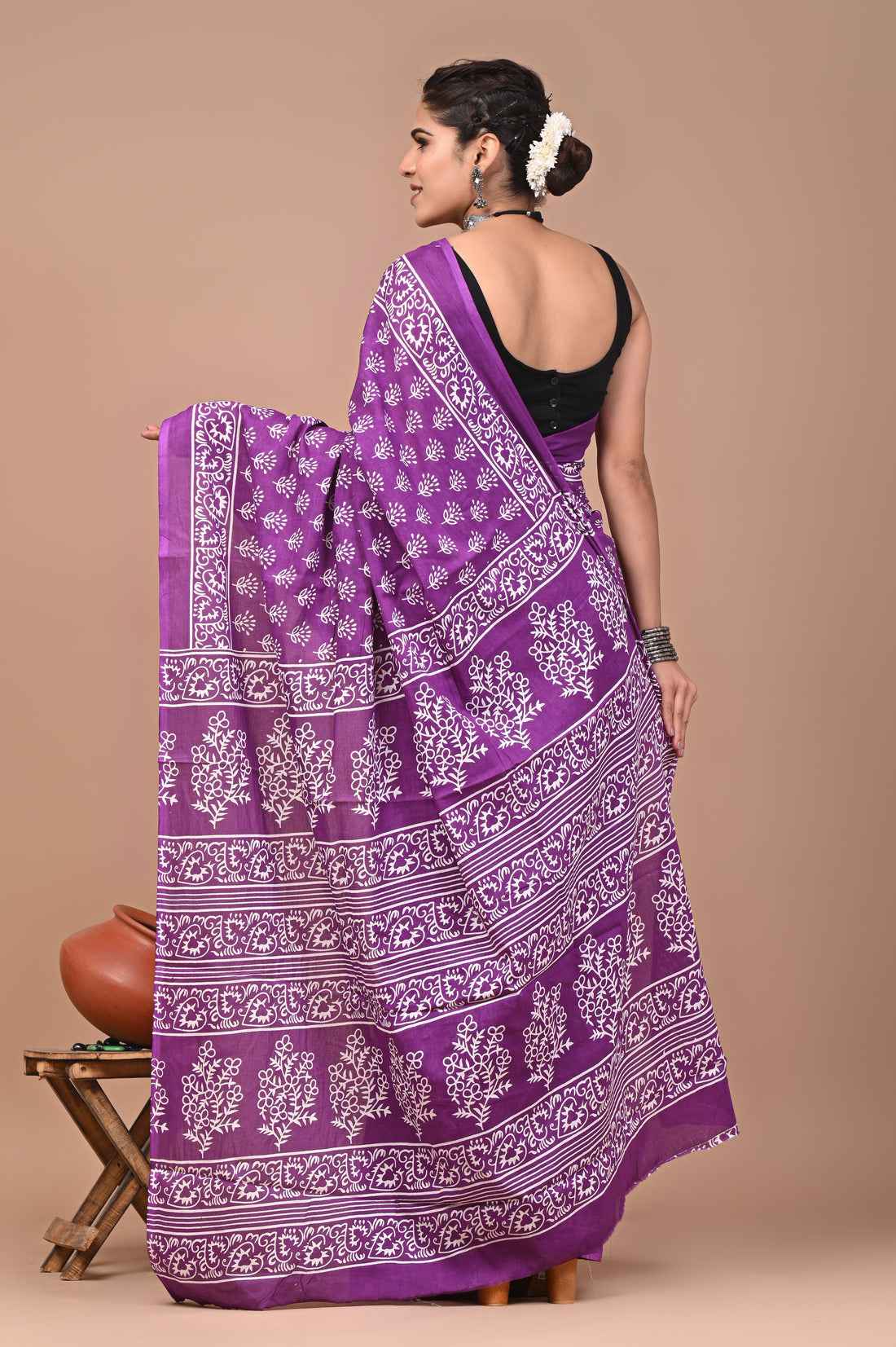 purple paisley pop mulmul cotton magic saree - yooneck
