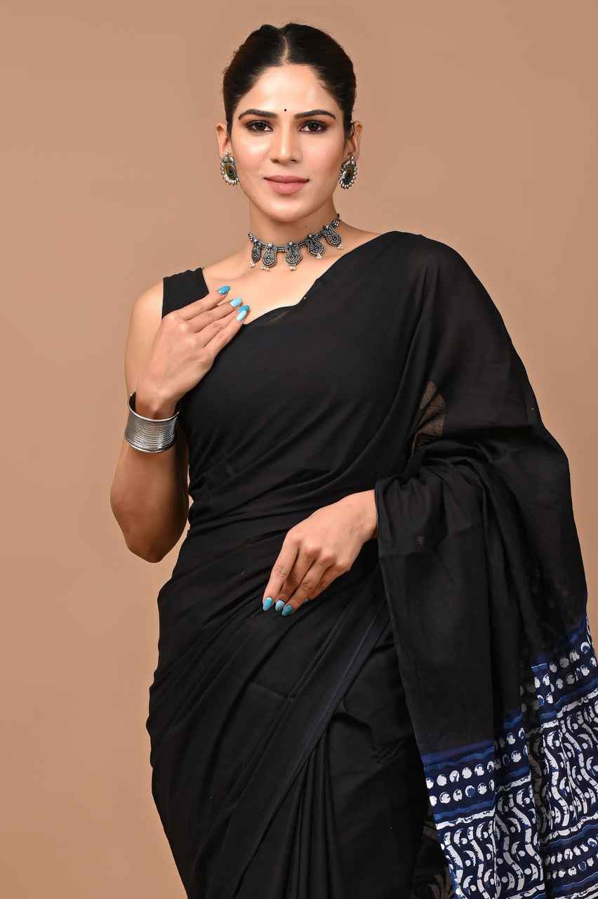 ragini black mulmul cotton saree with handcrafted indigo ajrakh pallu - yooneck