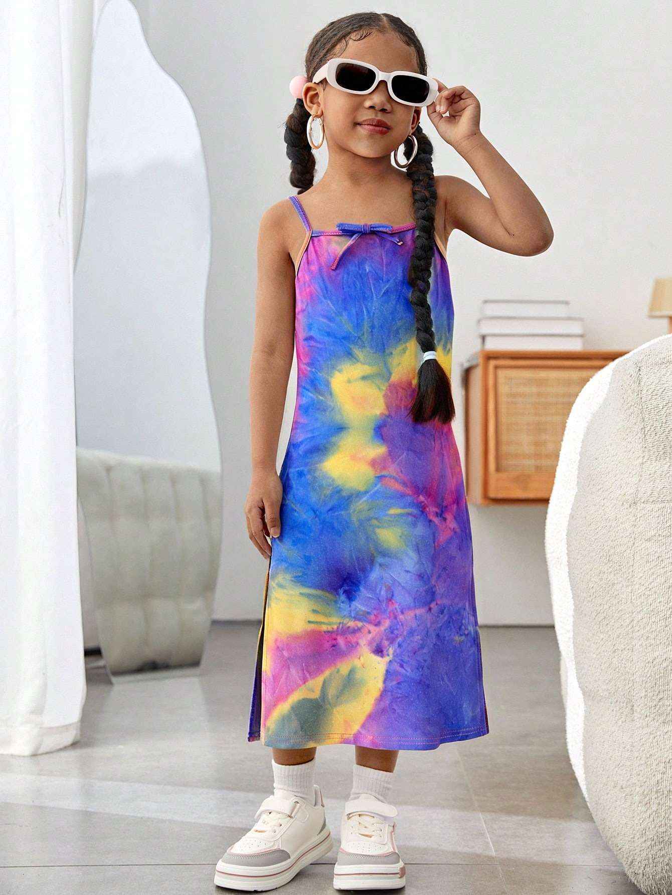 rainbow pop multicolor tie - dye spaghetti midi dress - yooneck