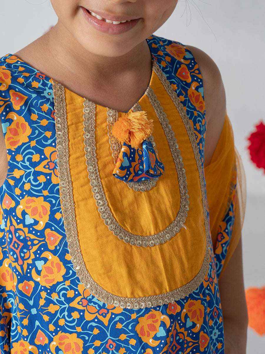 rang tarang blue & mustard printed sharara set - yooneck