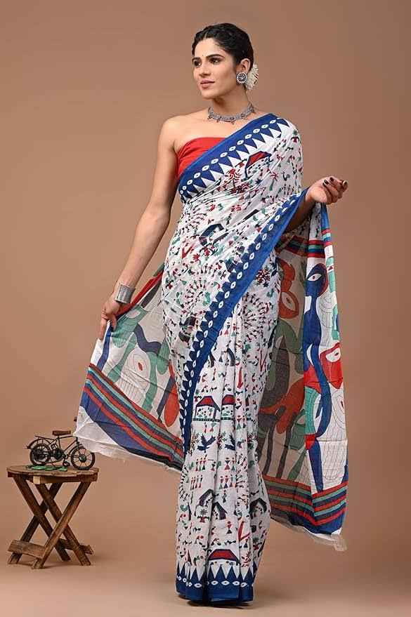 ranglok multicolor tribal art mulmul cotton saree - yooneck