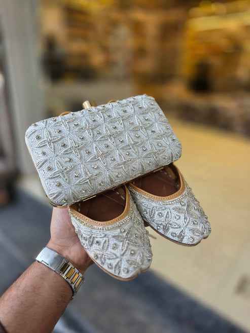 noorika ivory embroidered clutch & jutti set - yooneck