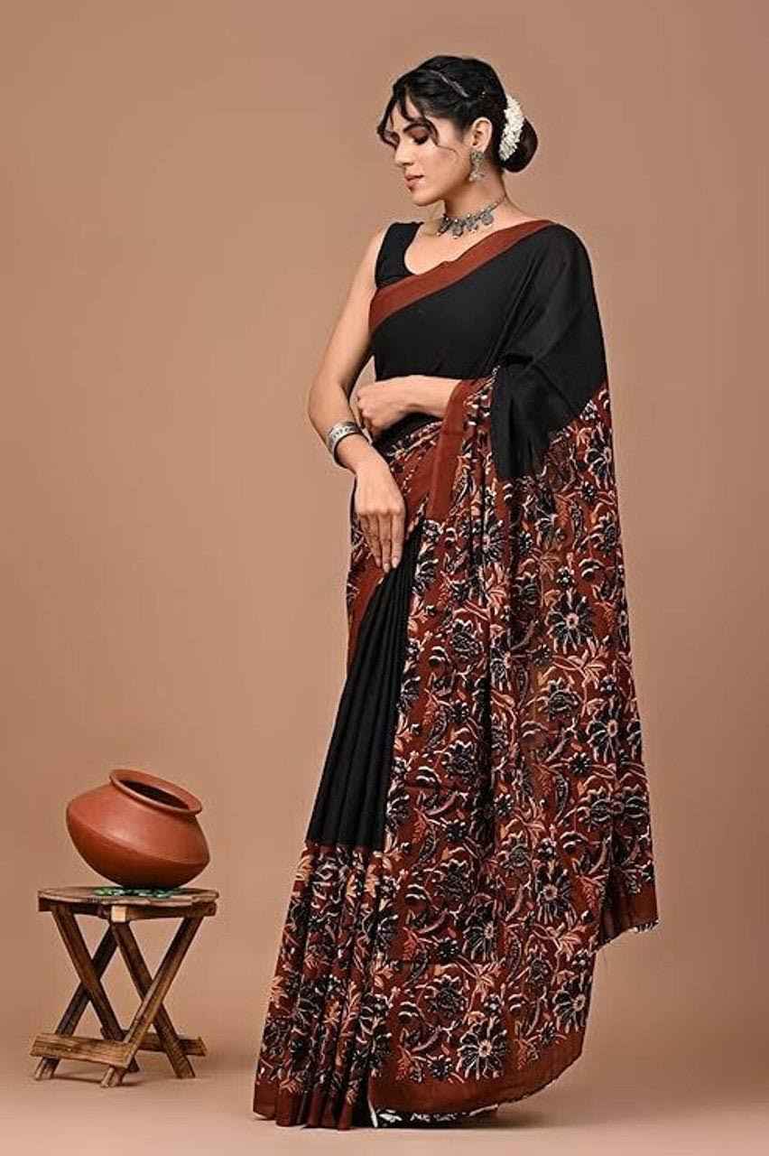 rust bloom handcrafted mulmul cotton saree - yooneck