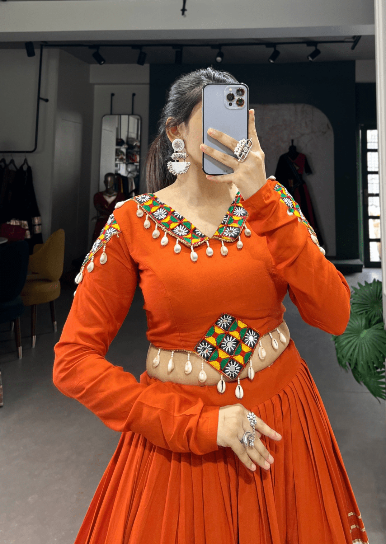 rust & ivory mirror work lehenga set - yooneck