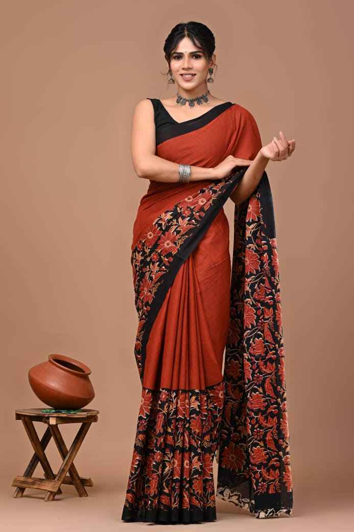 rust noir mulmul cotton saree with floral elegance - yooneck