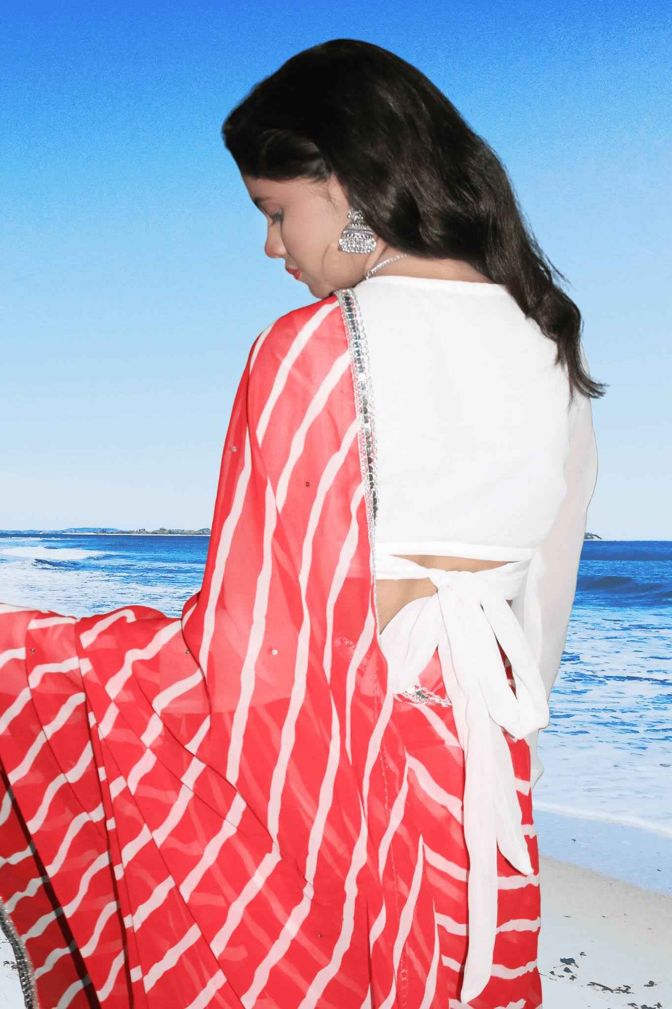 sindoori adaa lahariya georgette saree set with blouse - yooneck