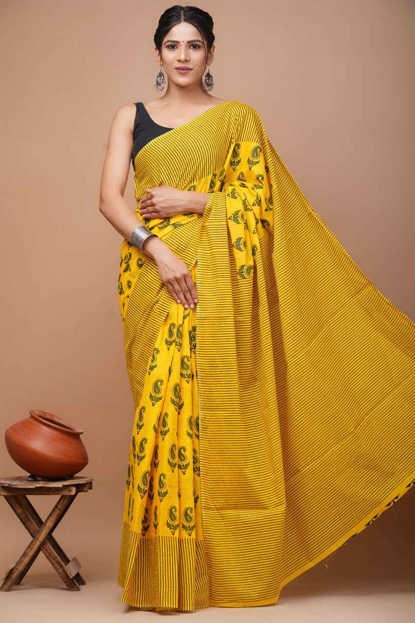 sunburst swirl haldi bloom mulmul cotton saree - yooneck