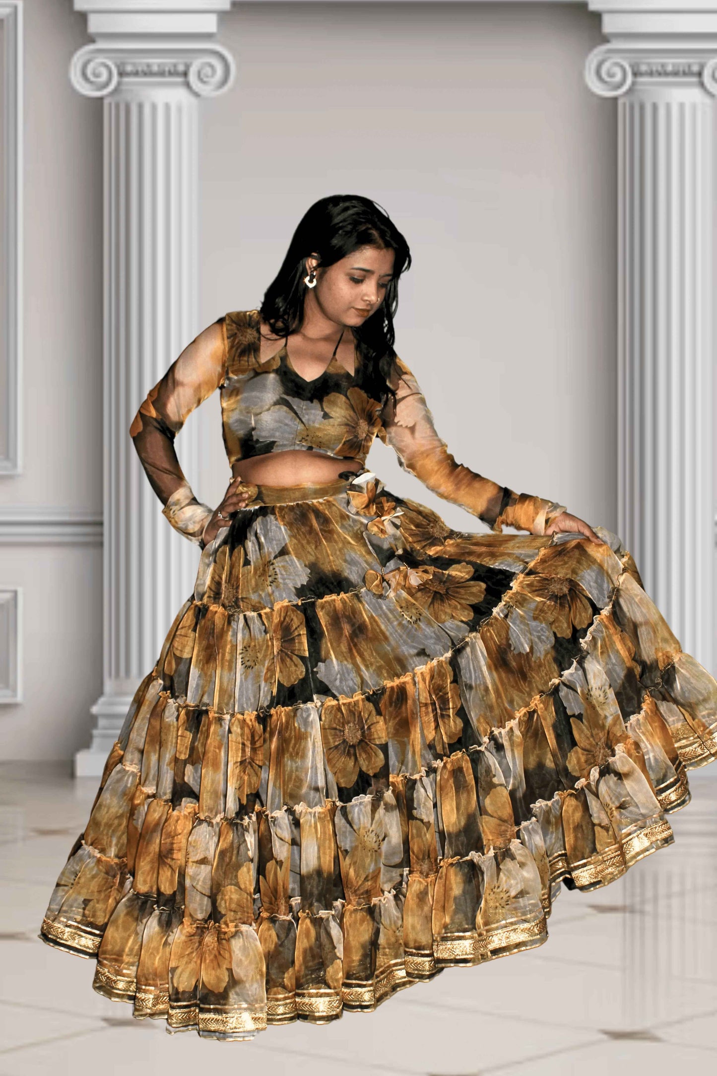 surmayi gul floral printed organza lehenga set - yooneck