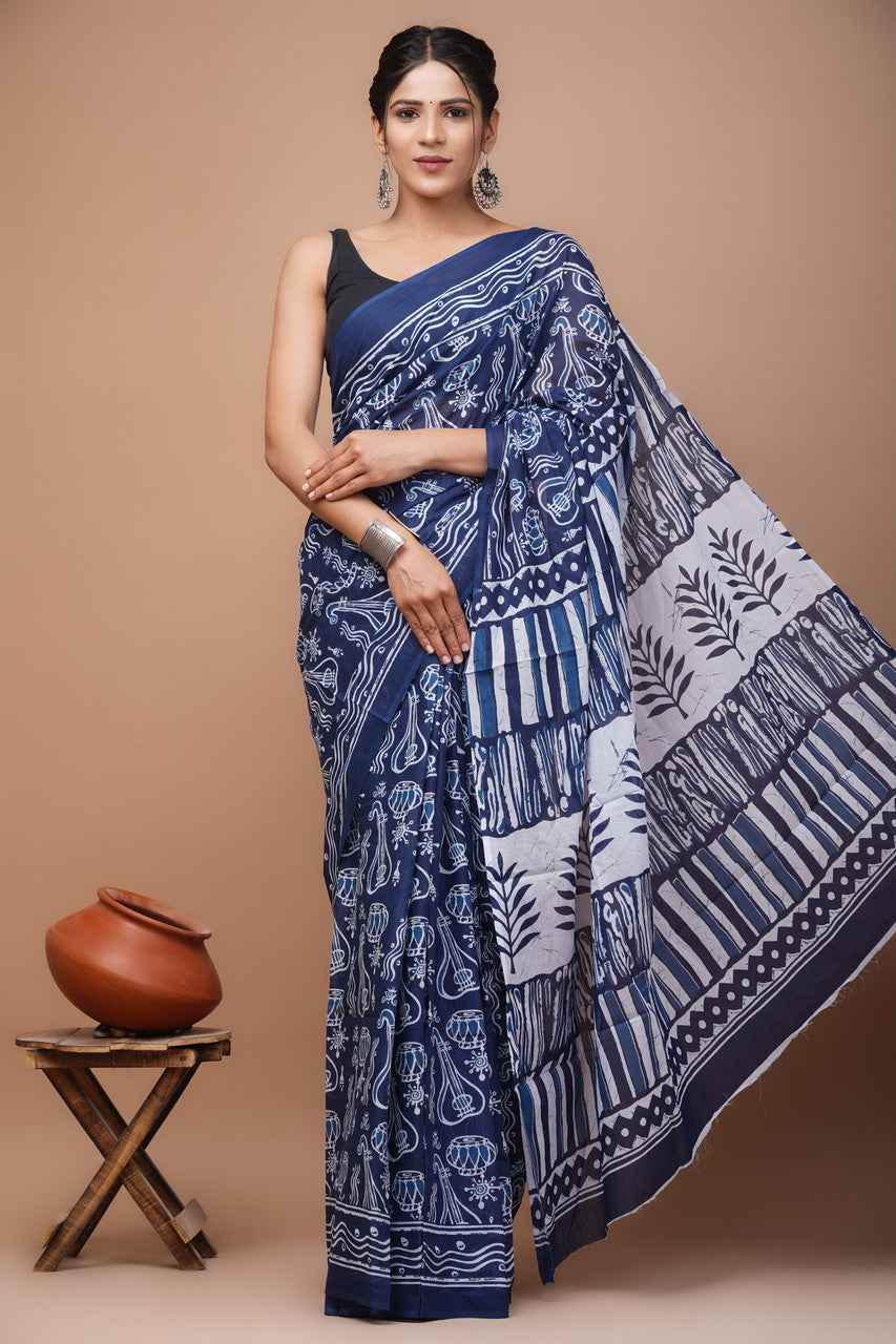 tribal trails bagru ink mulmul cotton saree - yooneck