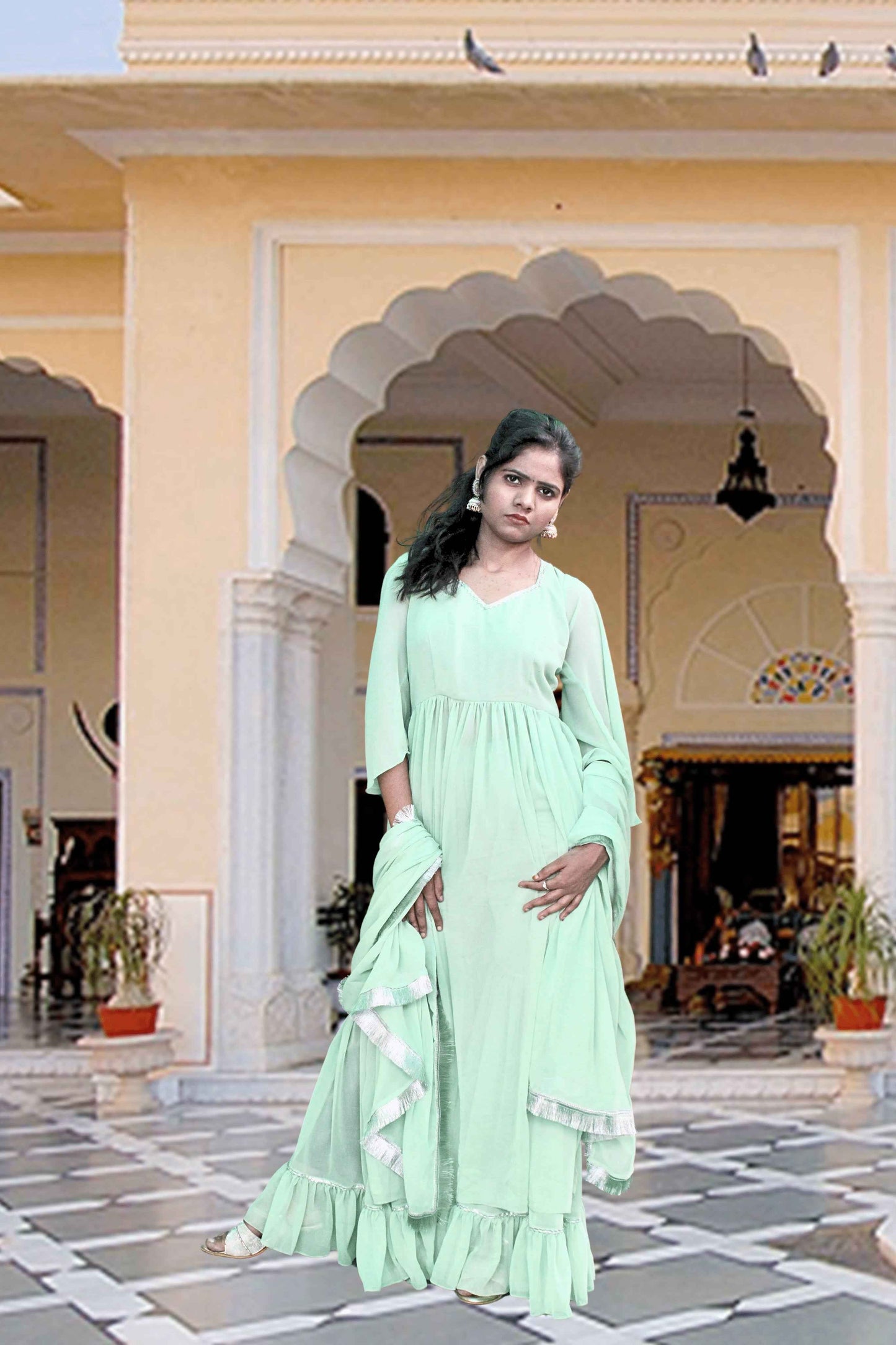 vanya green georgette sharara set - yooneck