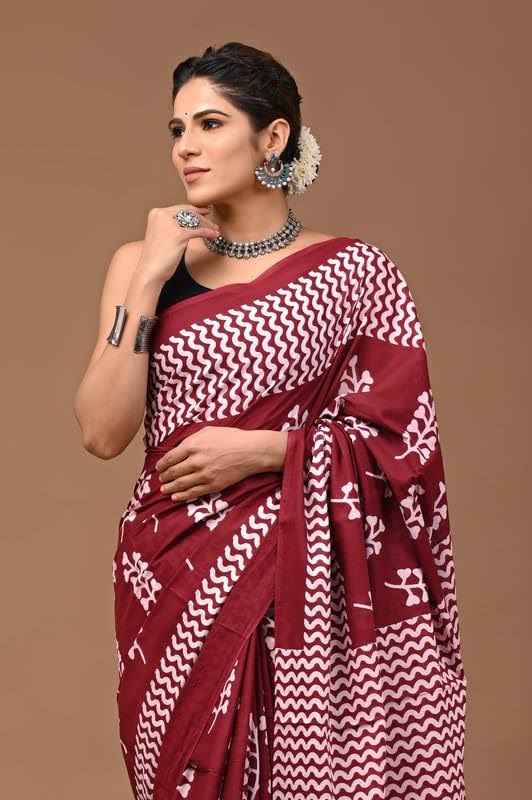 wine echo mulmul cotton saree - yooneck