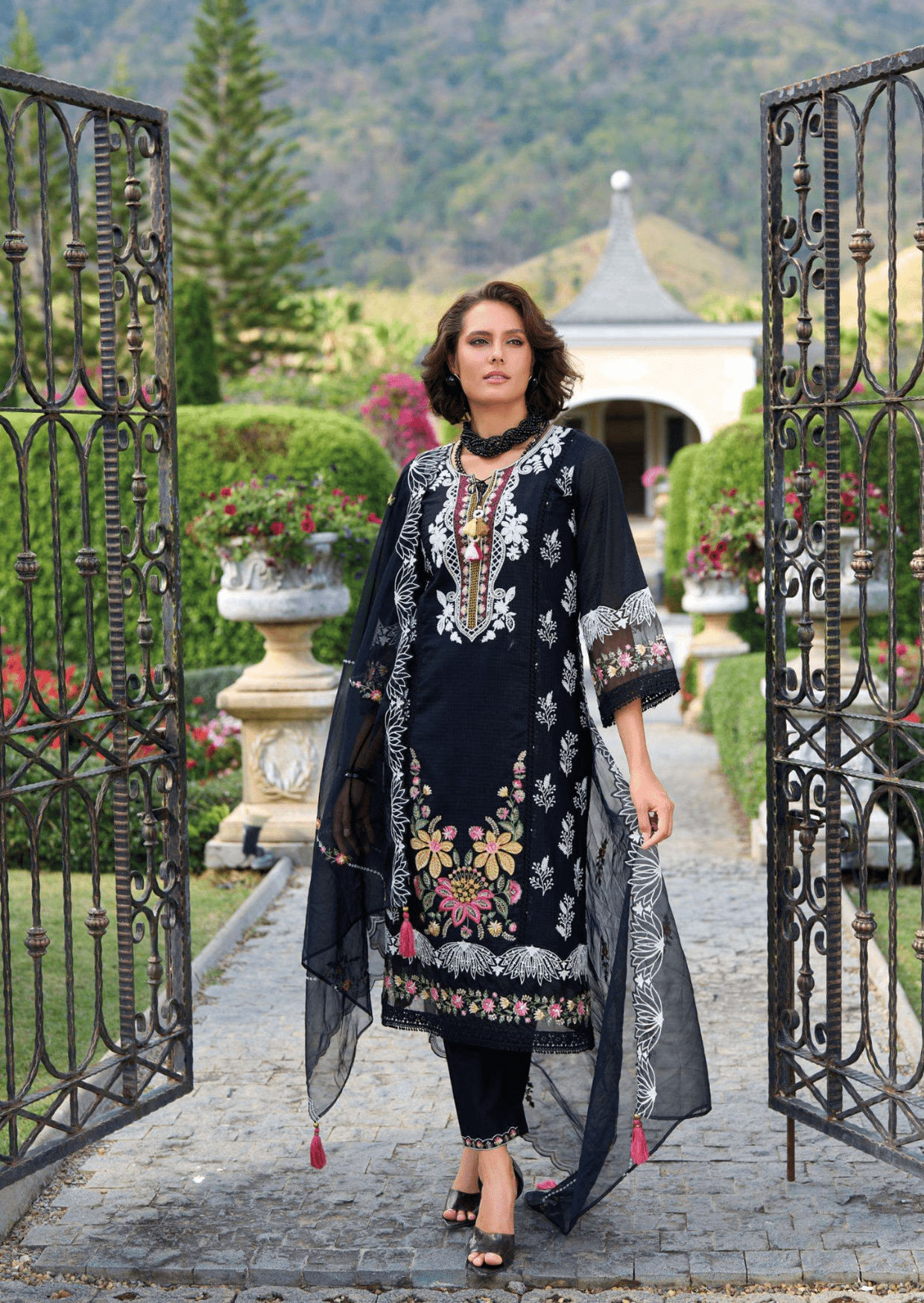 zahra noir luxe cotton embroidered suit set - yooneck