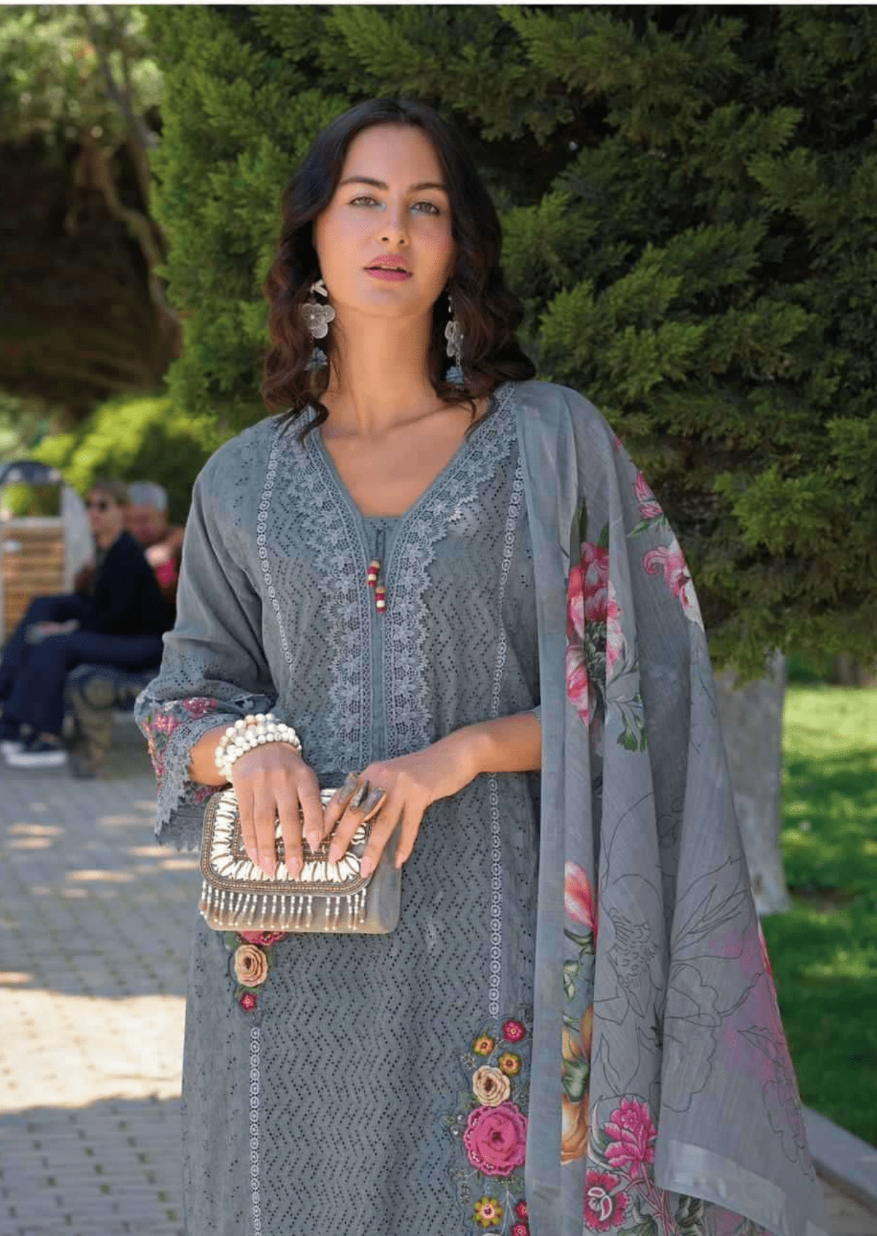 zeenat graceful grey floral embroidered cotton suit - yooneck
