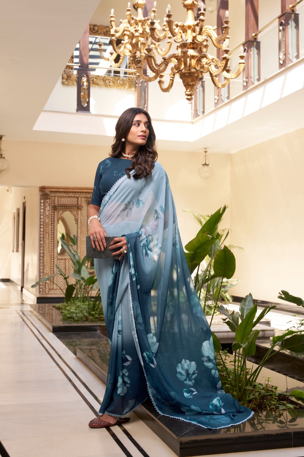 ocean breeze floral soft georgette saree